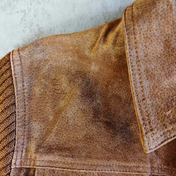 Relativity Brown Suede Leather Trucker Jacket Ribbed Knit Sleeves Size Large - Picture 9 of 11